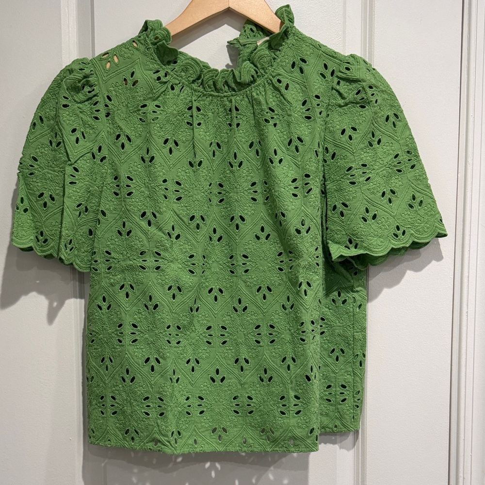 Sézane Green Eyelet Blouse with Ruffles